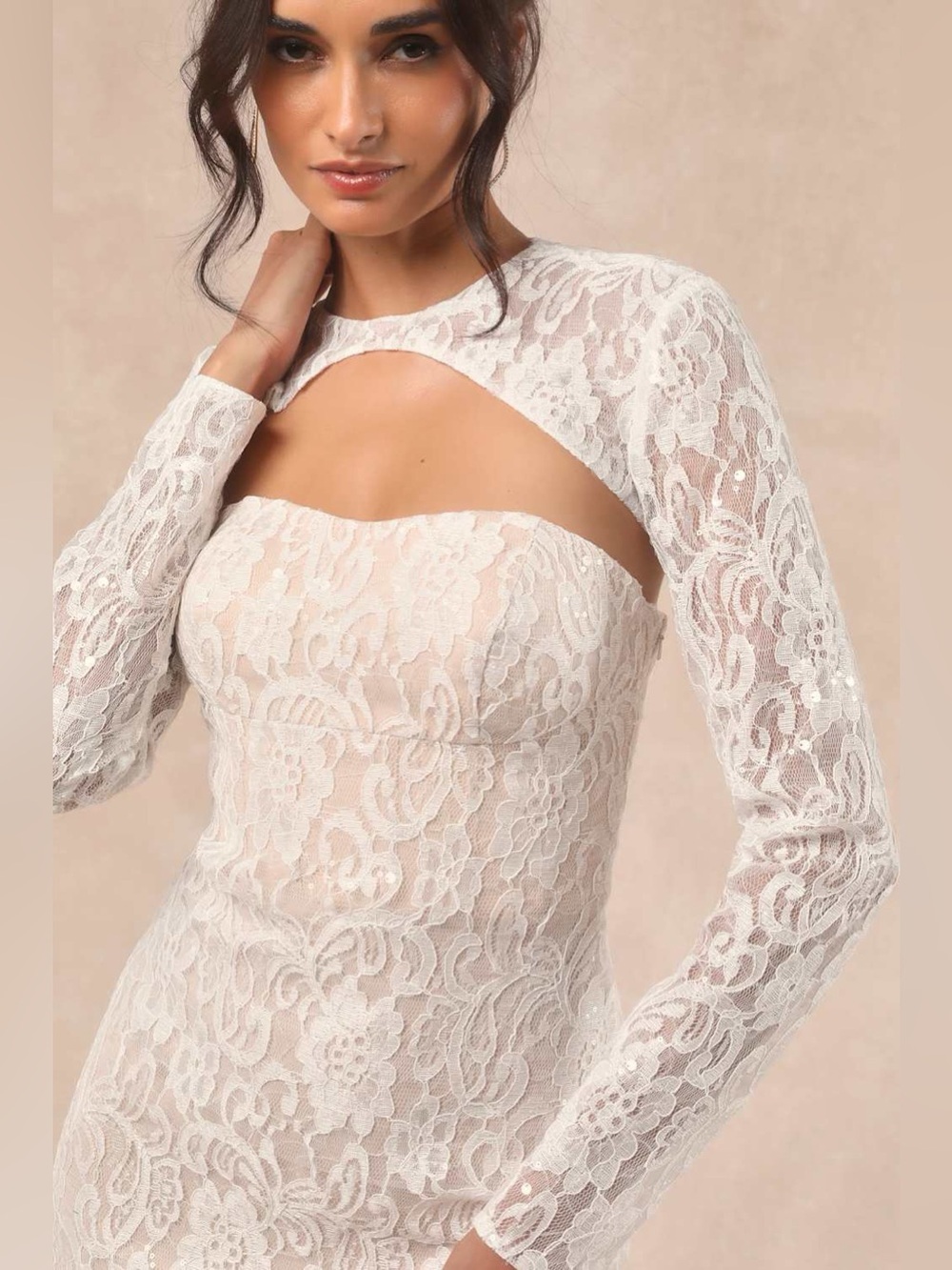 Lulu's Neska White and Beige Lace Maxi Dress and Shrug Set - Picture 2 of 7